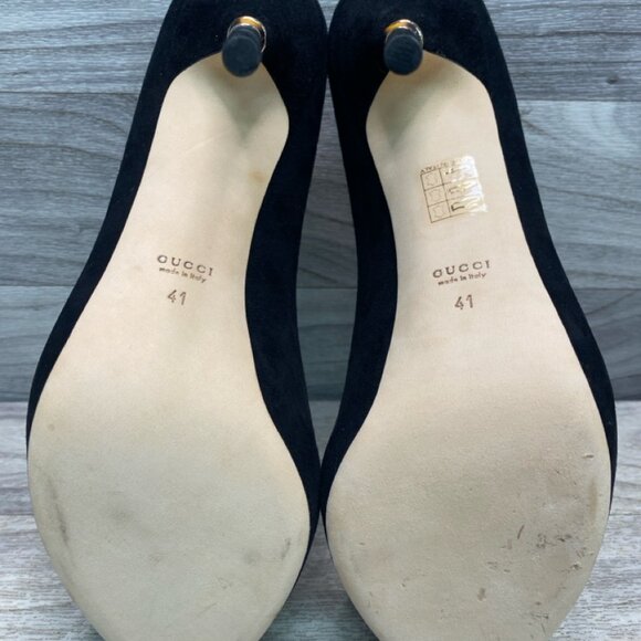 Gucci Black Suede Bamboo Heel Peep Toe Pumps Size 41 with Box - Picture 8 of 11